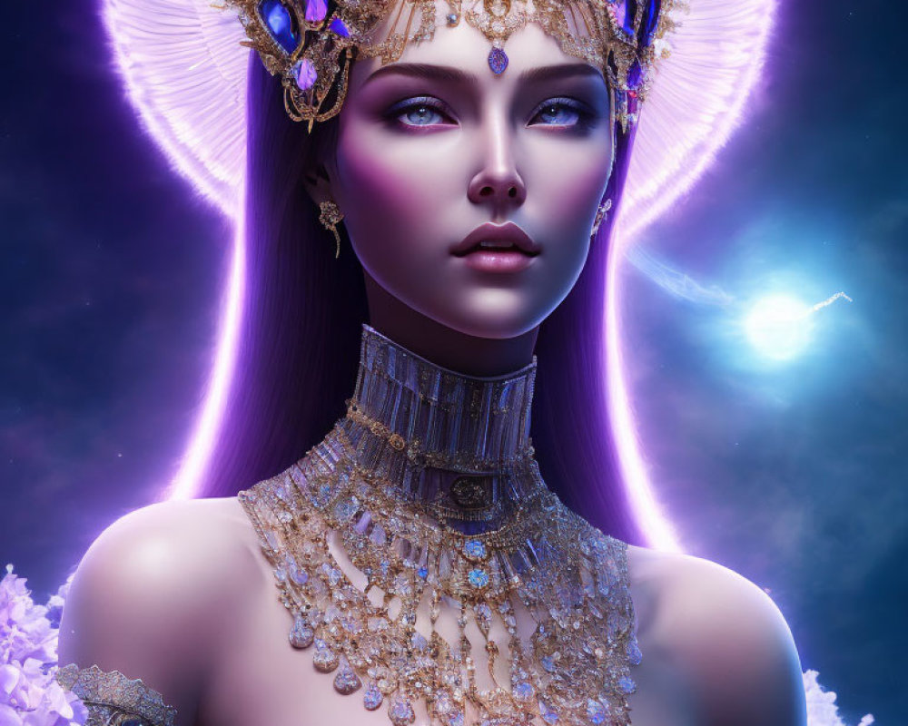 Regal woman in gold jewelry and crown on cosmic purple background