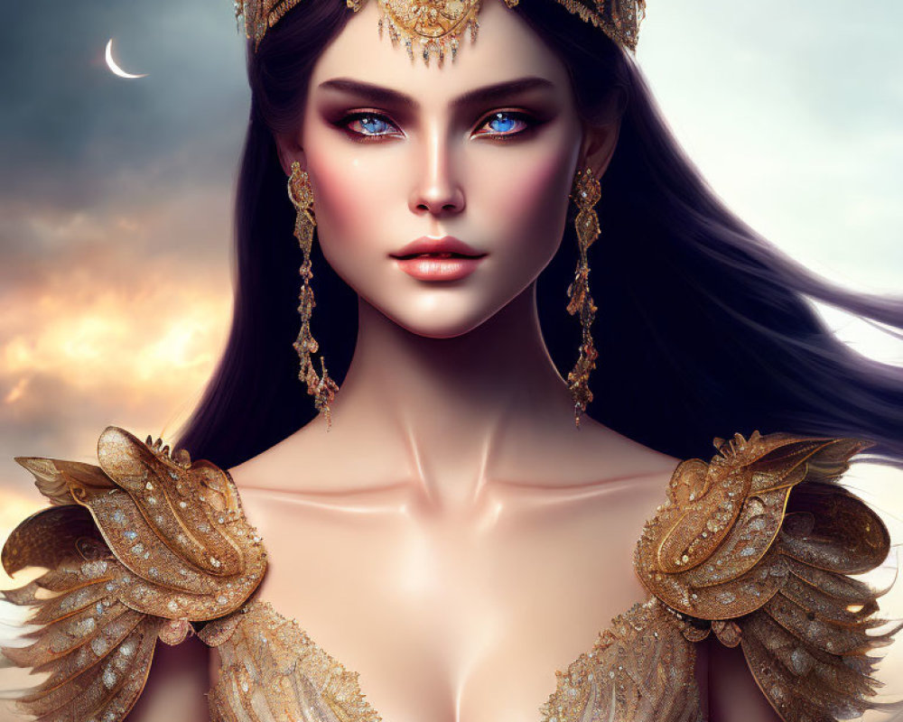 Digital artwork: Woman with blue eyes in gold jewelry and crown under crescent moon