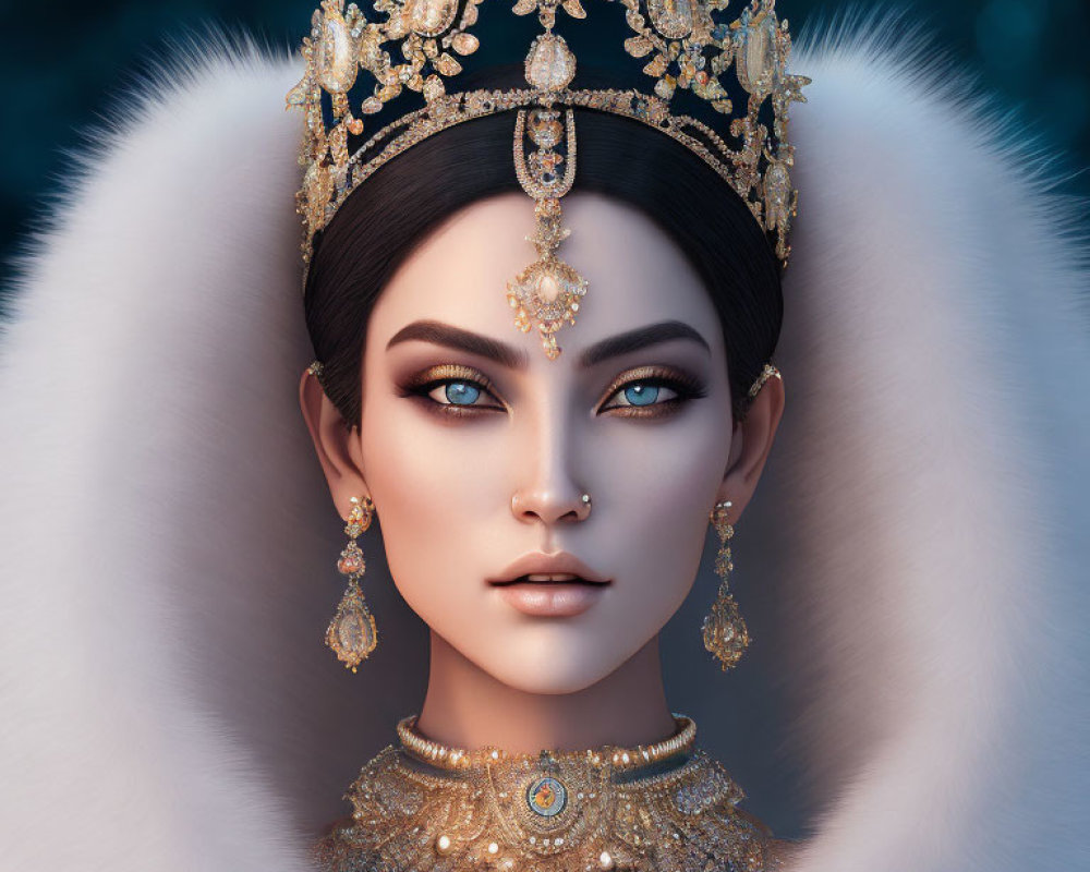 Illustrated woman with blue eyes, gold crown, and white fur collar.