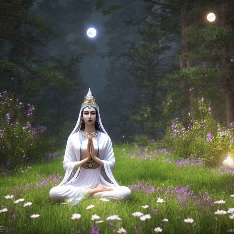 Mystical figure meditates in lush forest under moonlit sky