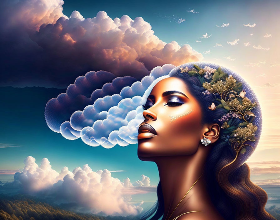 Surreal illustration of woman with cloud brain and floral hair in bird-filled sky