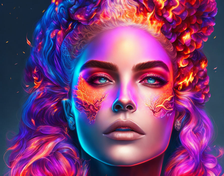 Colorful digital portrait of woman with red hair and neon pink and blue skin tones.