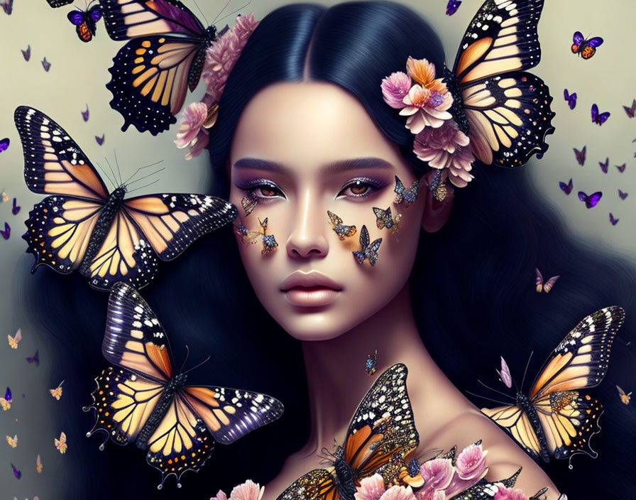 Woman surrounded by monarch butterflies and floral motifs art.