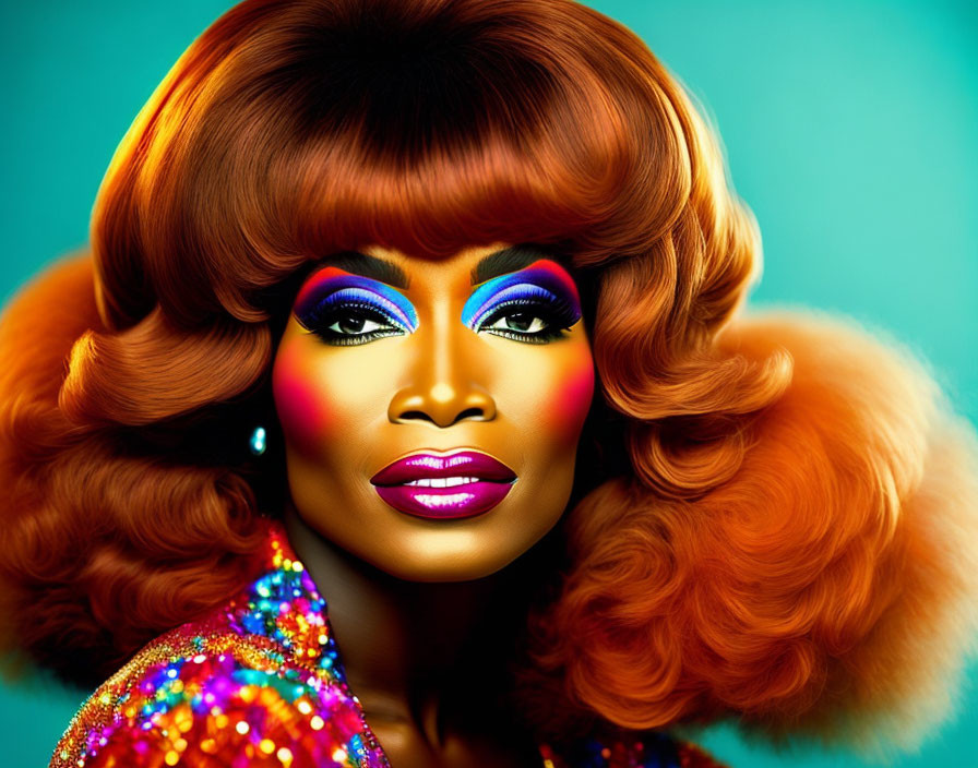 Vibrant makeup, ginger wig, sparkly outfit on turquoise background