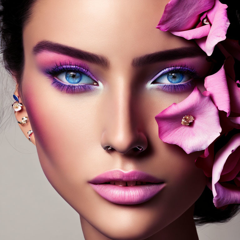 Woman with Striking Blue Eyes and Purple Eyeshadow Amid Pink Flowers