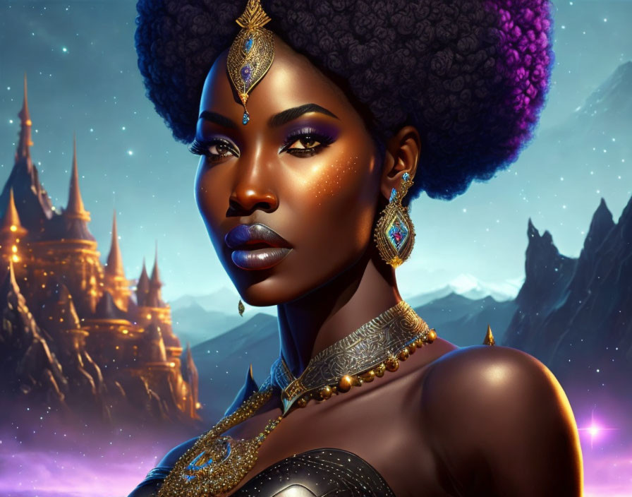 Elegant woman with afro in gold jewelry and tiara against fantasy castle backdrop