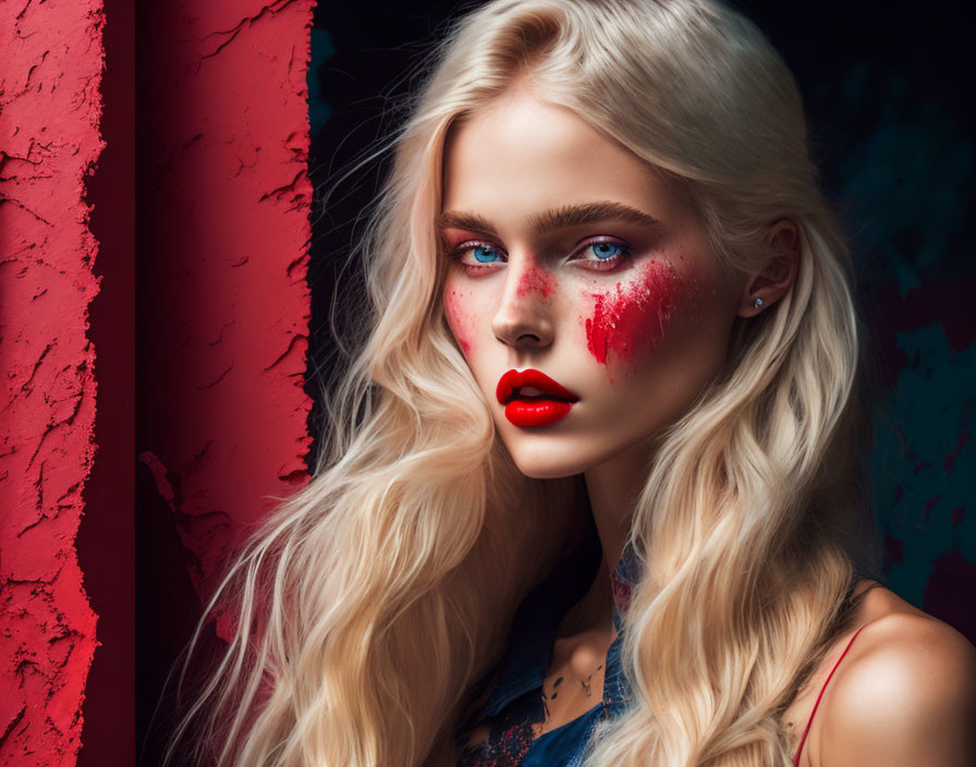 Blonde woman with red makeup and backdrop.