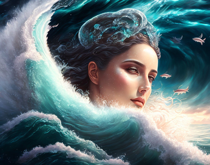 Surreal digital painting of woman's face in ocean waves with blending hair and flying fish