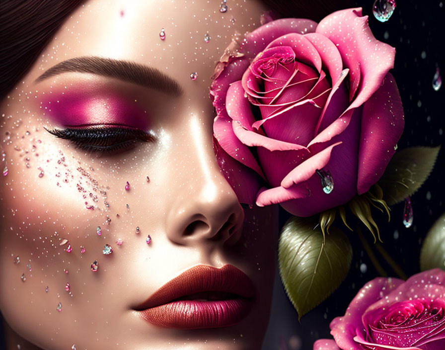 Portrait of woman with pink makeup holding rose, featuring water droplets and glitter.