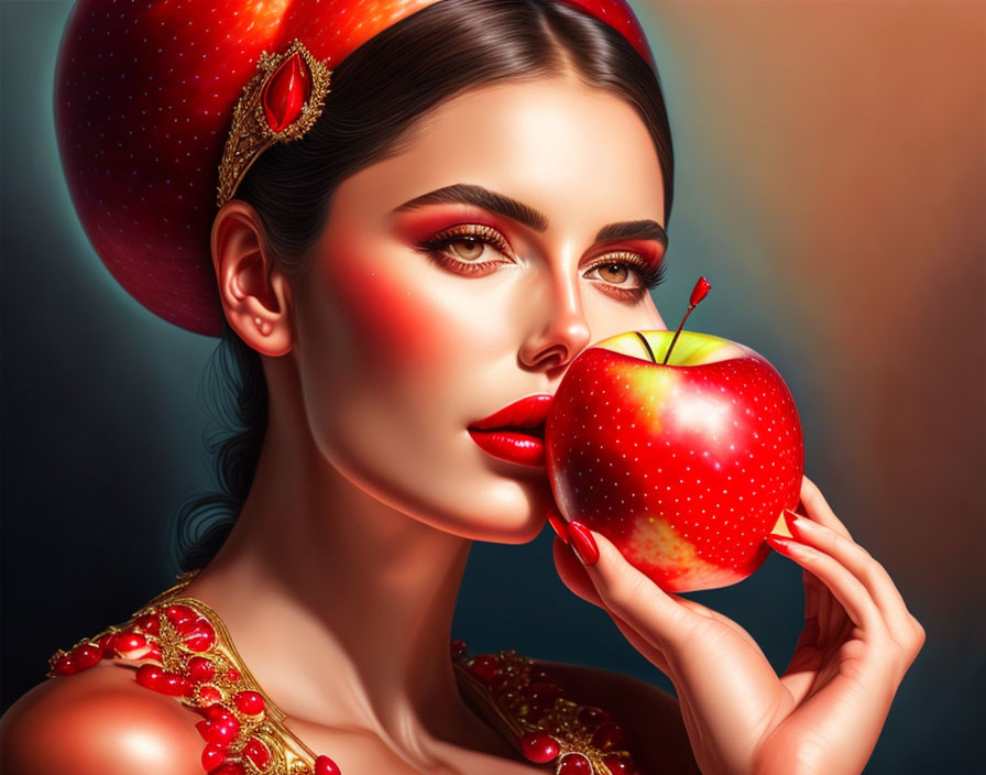 Vibrant portrait of a woman with striking makeup and red apple