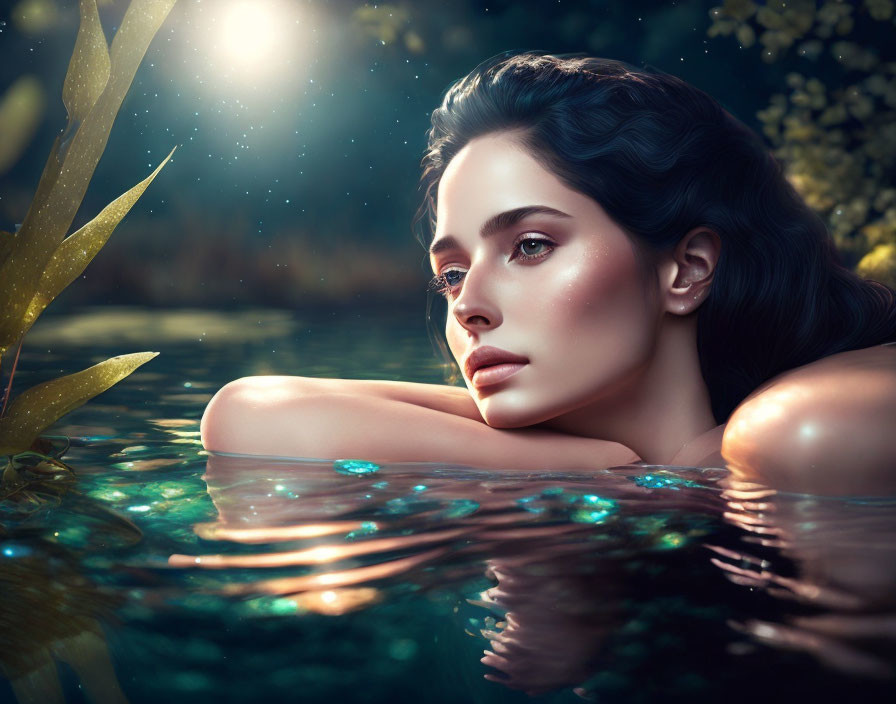 Dark-haired woman in water with glowing skin and starry nature ambiance