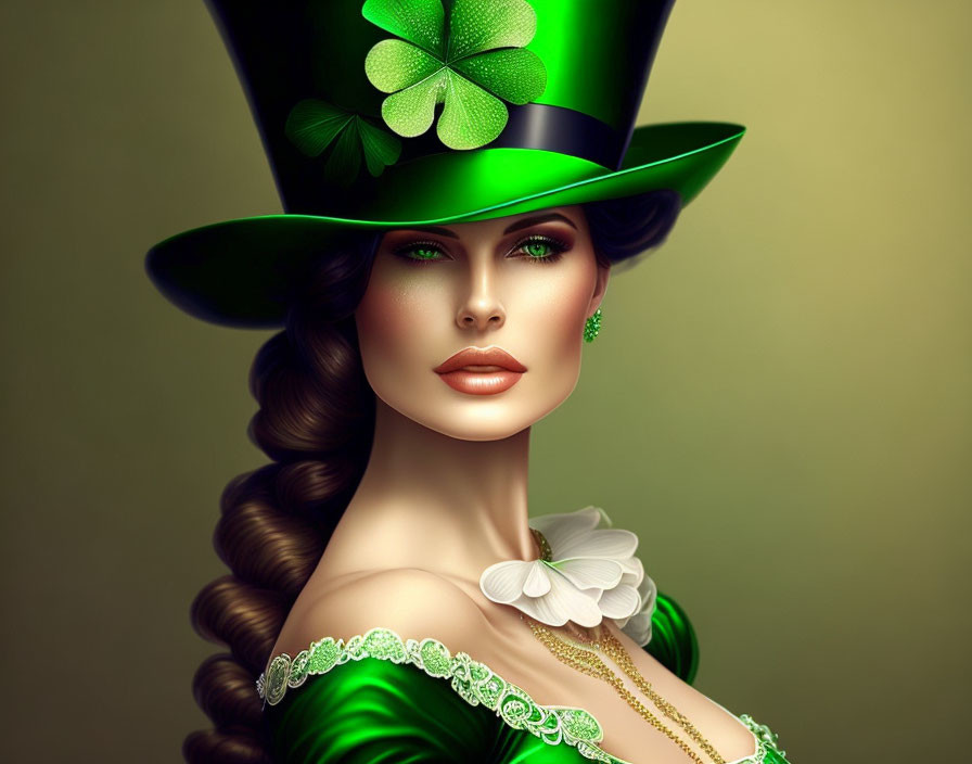 Stylized makeup woman in green hat and outfit with gold accessories