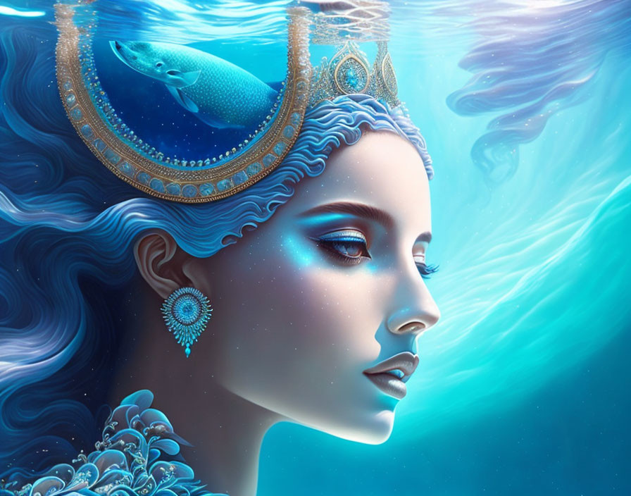 Digital artwork featuring woman with blue skin, ocean-themed jewelry, and fish crown submerged in water