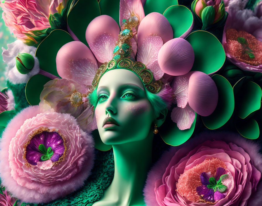 Person with Green Skin and Floral Headdress in Pink and Green Hues