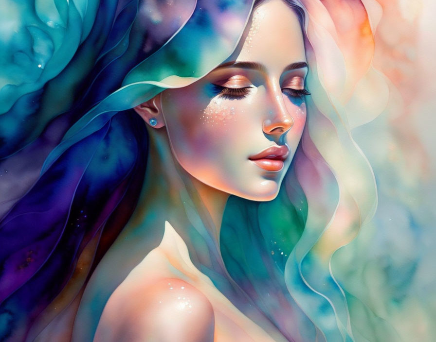 Multicolored hair woman in serene expression against vibrant background