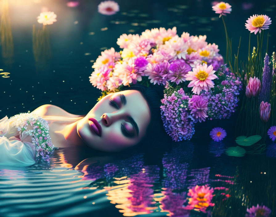 Woman lying in water with luminescent flowers, serene expression