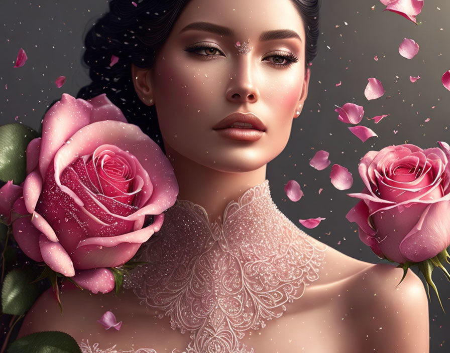 Detailed artistic depiction of a woman with dark hair holding a pink rose amidst petals and lace.