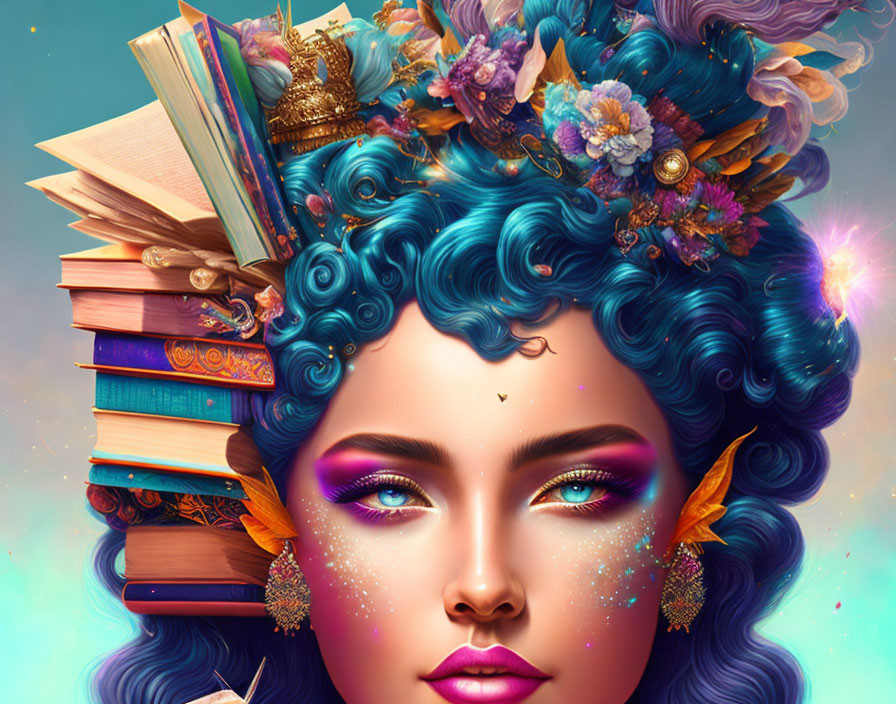 Vibrant artwork of woman with blue curly hair and magical elements