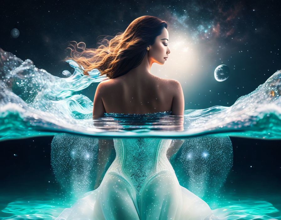 Woman emerging from water in flowing dress under starry sky