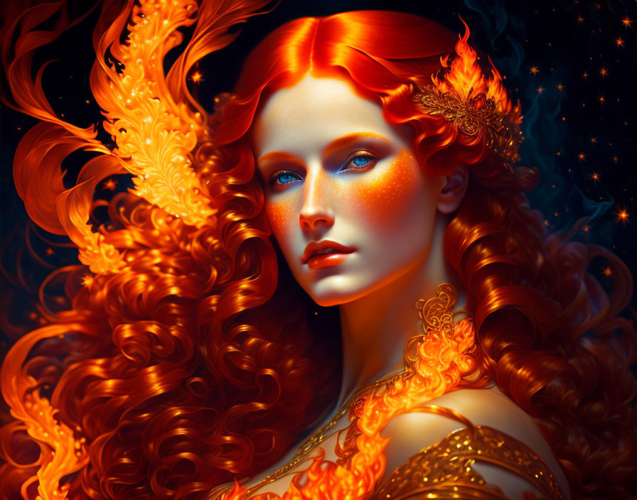 Fantastical image: Woman with red hair and blue eyes in mystical setting