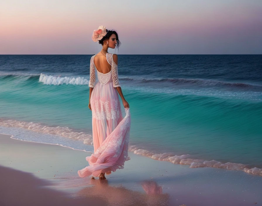 Woman in Pink Lace Dress Walking on Beach at Sunset