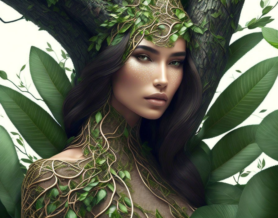 Nature-themed digital art portrait featuring woman with leaves and branches in hair.