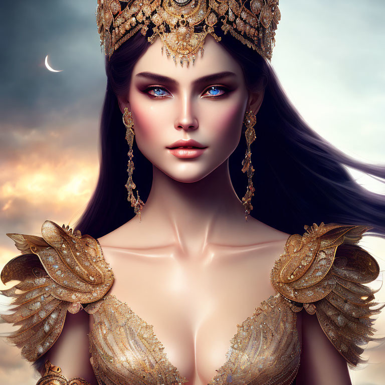 Digital artwork: Woman with blue eyes in gold jewelry and crown under crescent moon