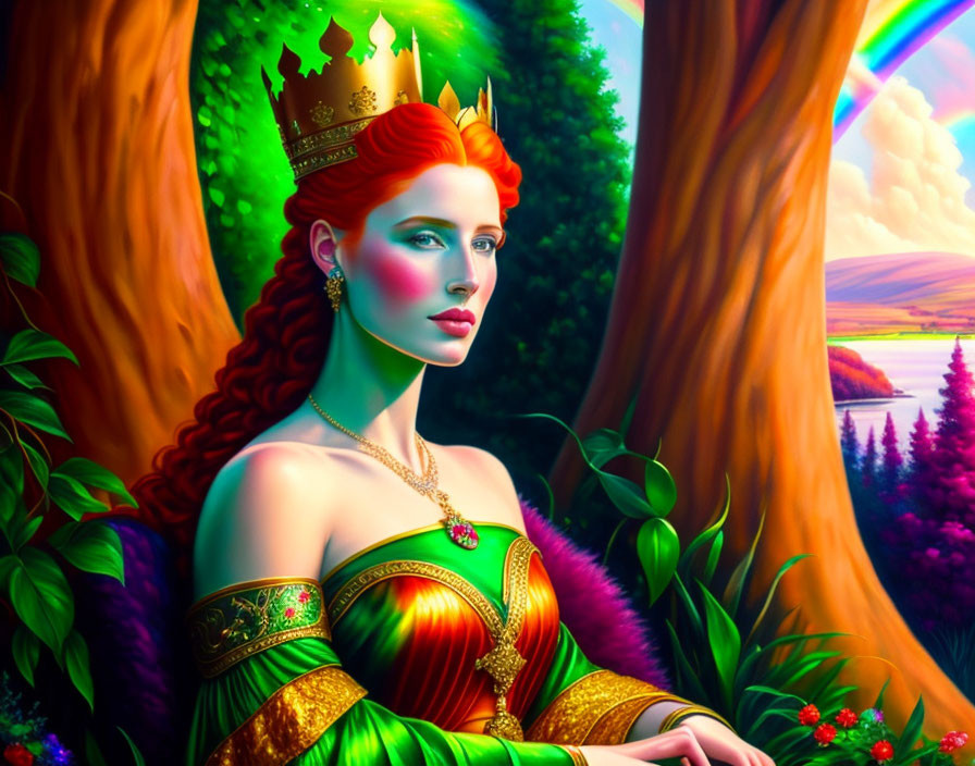 Regal woman with red hair in crown and green dress against rainbow backdrop