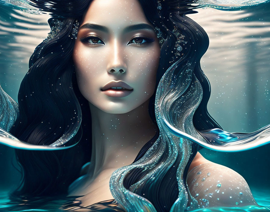 Illustrated portrait of a woman with flowing water-like hair in tranquil blue aquatic setting