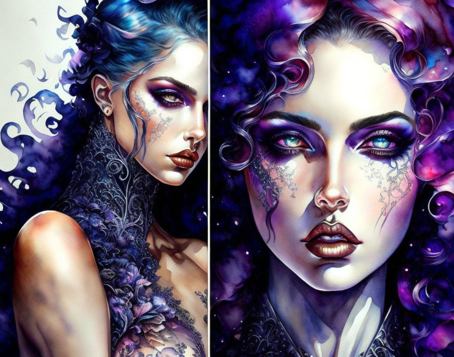 Colorful Digital Artwork: Woman with Blue and Purple Tones, Intricate Makeup