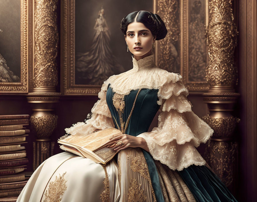 Victorian-era woman in elegant gown holding open book against ornate backdrop