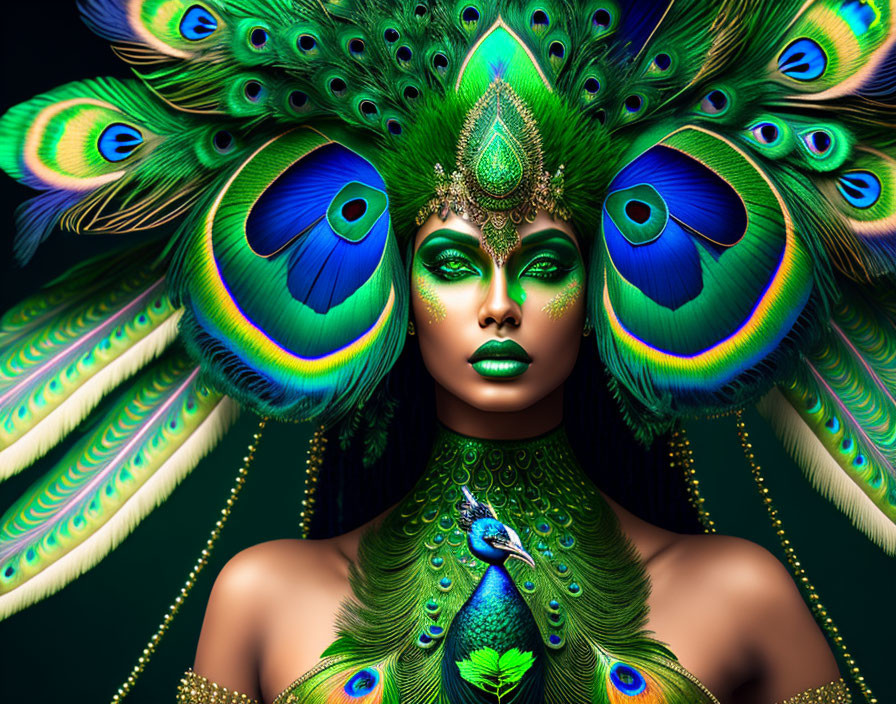 Woman wearing peacock feather headdress and vibrant makeup.