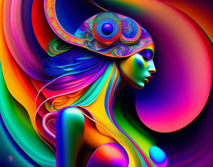 Colorful digital artwork of a woman with peacock feather headdress