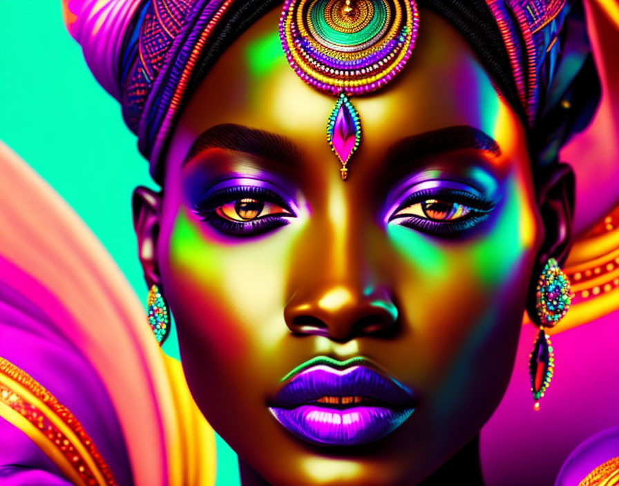 Colorful portrait of a woman in neon rainbow headwear and makeup