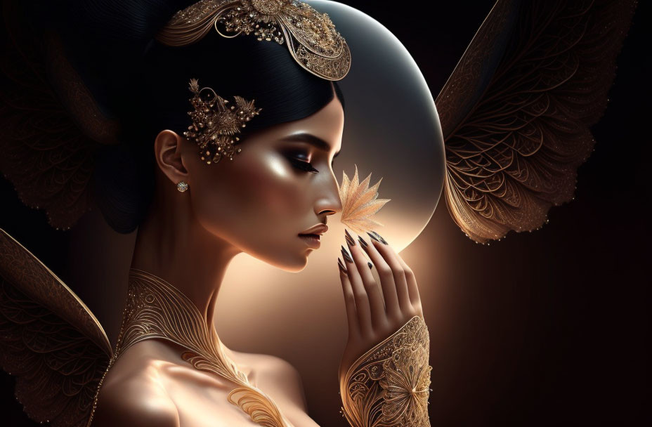 Golden-winged woman with intricate jewelry in serene moonlit scene