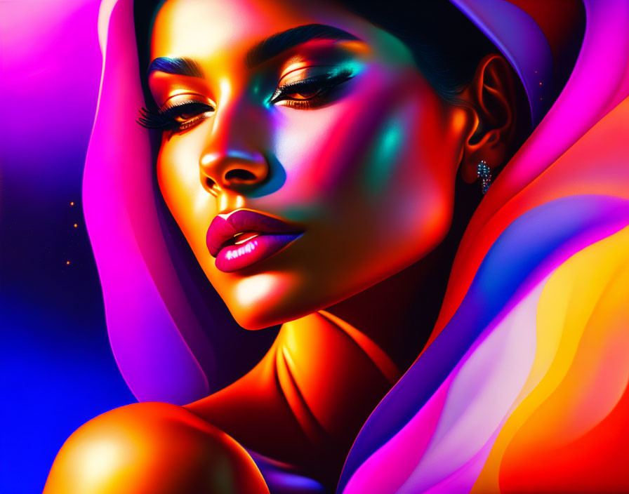 Colorful digital portrait: Woman with blue, green, and pink shadows, adorned in flowing multicol