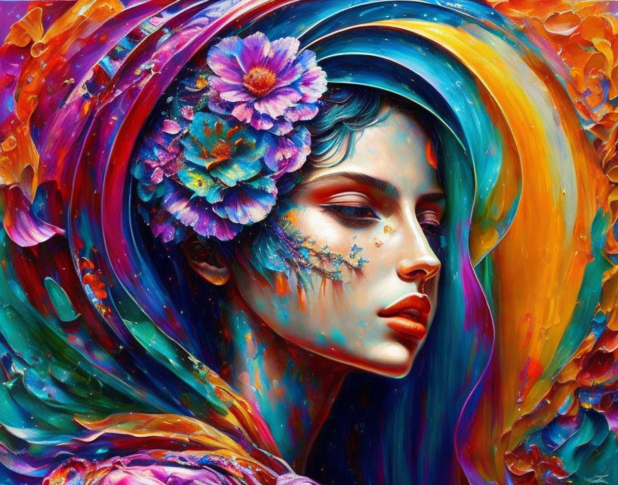 Colorful Woman Portrait with Swirling Patterns and Flowers