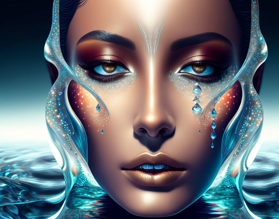 Woman's face digital art with glistening skin and facial markings emerging from water