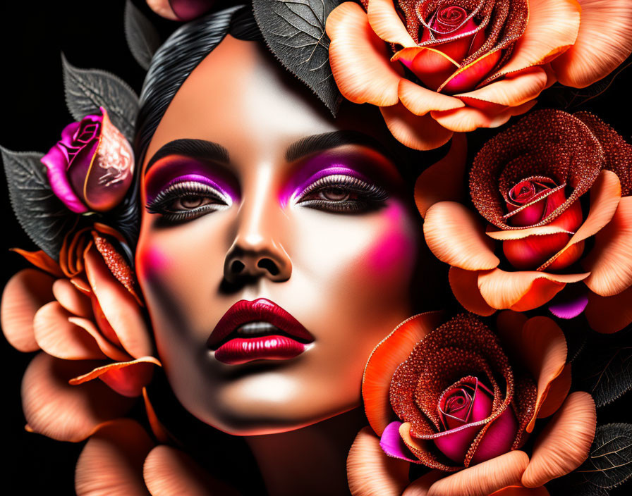 Colorful portrait of a woman with bold makeup surrounded by red-orange roses