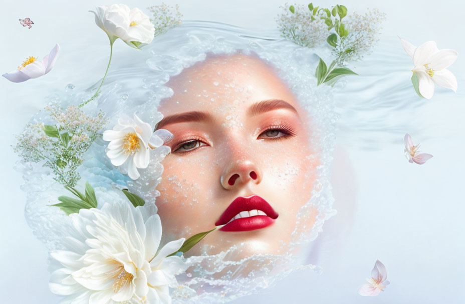 Woman's Face Surrounded by Water, Bubbles, Flowers, and Butterflies