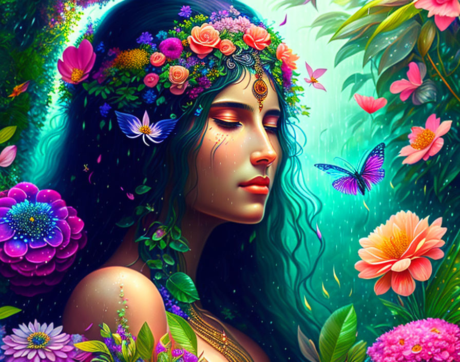 Colorful illustration of woman with floral headpiece and butterflies in serene setting