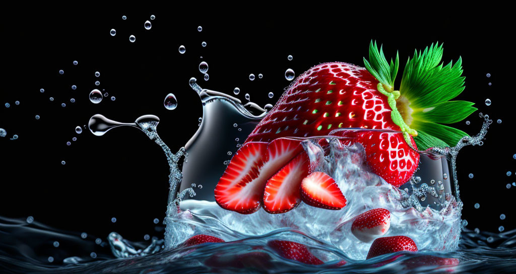 Colorful strawberry slices creating ripples in water on dark backdrop