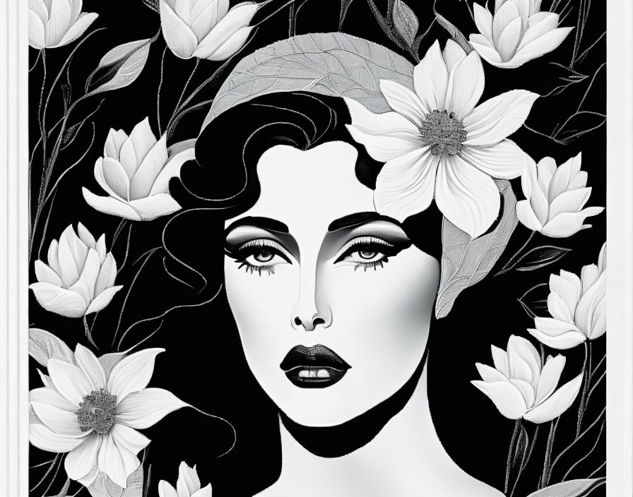 Monochrome artwork: Woman's face with expressive eyes, stylized flowers, leaves on dark background