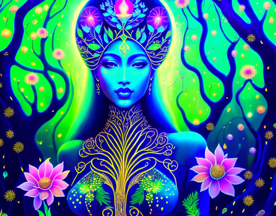 Colorful digital artwork of woman with nature-inspired headpiece in neon forest