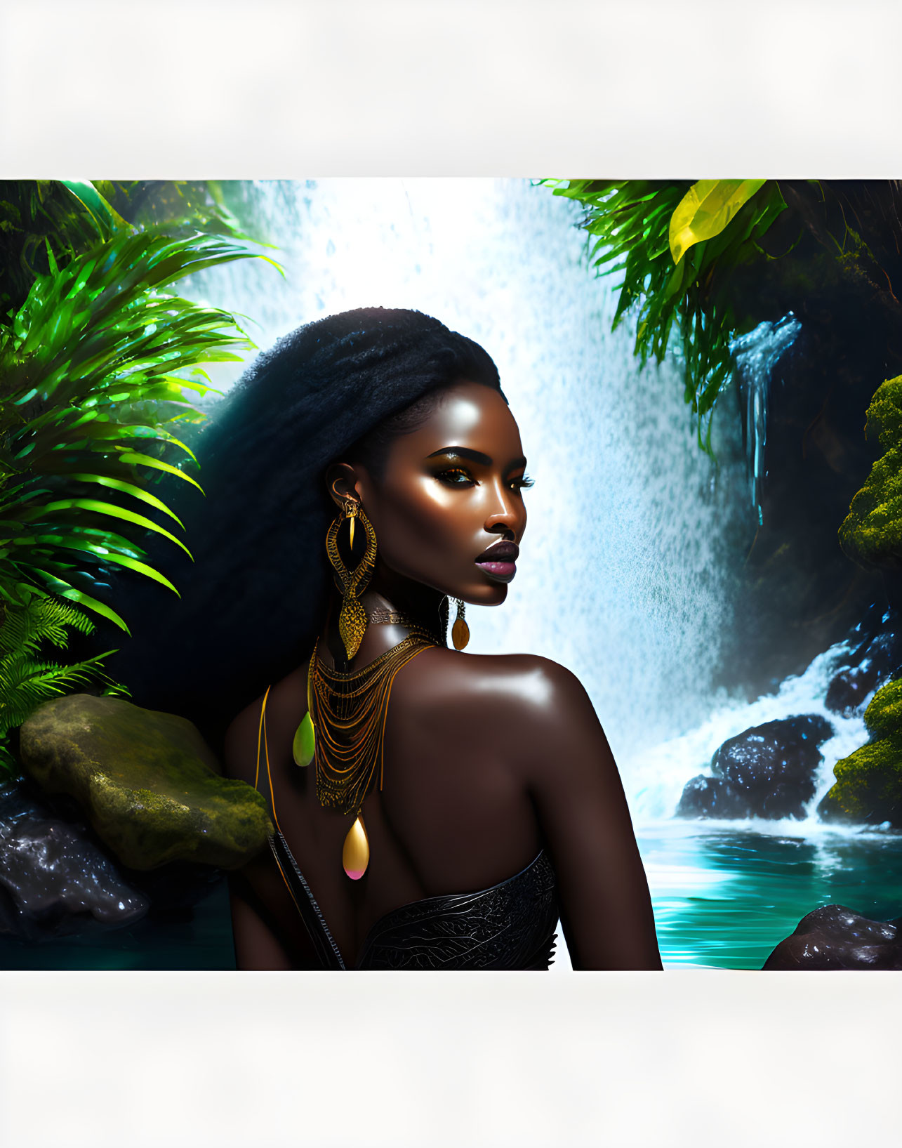 Woman in Black Outfit with Gold Jewelry by Jungle Waterfall