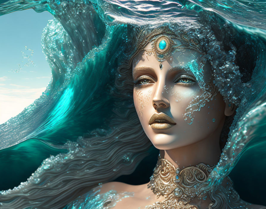 Portrait of woman with aquamarine hair and water droplets, merged with flowing water