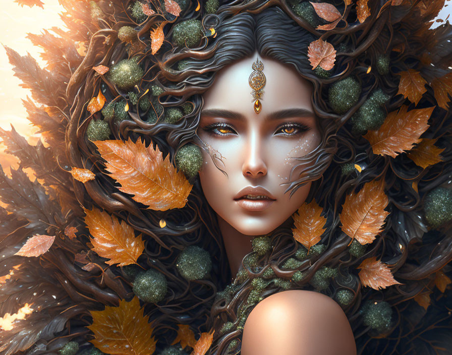 Fantasy portrait of a woman with autumn leaves and glowing eyes