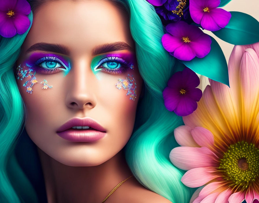 Vibrant blue-haired woman with purple eye makeup in floral setting