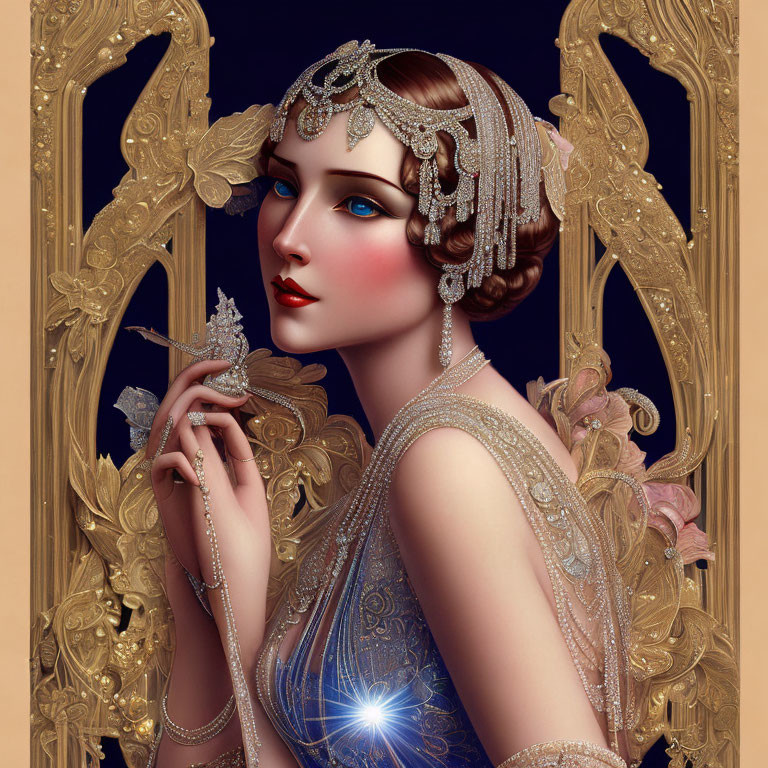 Art Nouveau Style Woman with Butterfly and Elaborate Jewelry