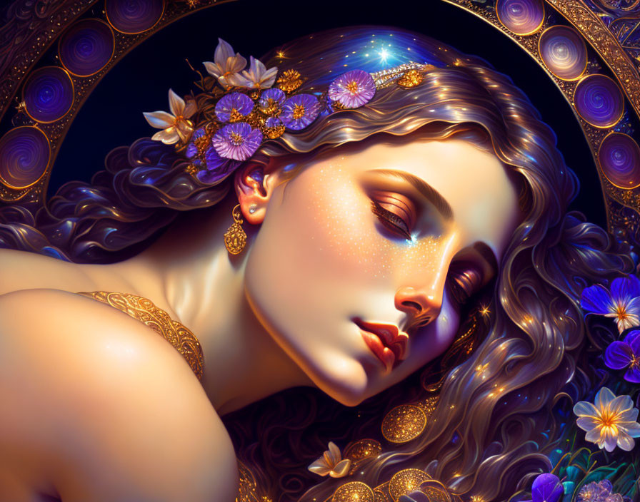 Digital Artwork: Woman with Golden Jewelry and Floral Hair Adornments